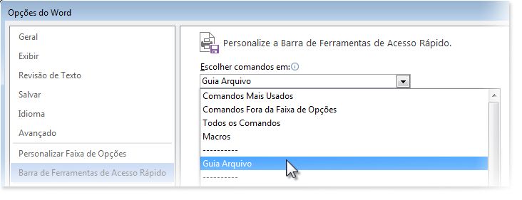 Adicionar comandos à Barra de Ferramentas de Acesso Rápido Suporte do