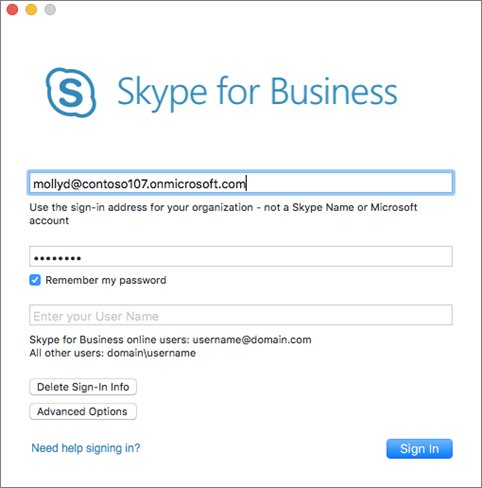 شاشه تسجيل الدخول إلى Skype for Business for Mac
