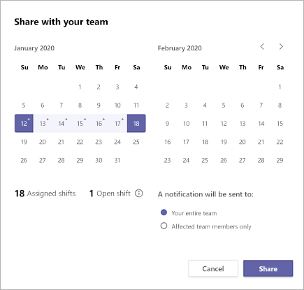 مشاركة جدول فريق في Microsoft Teams Shifts