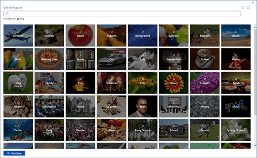 إدراج صور عبر الإنترنت باستخدام Bing البحث.