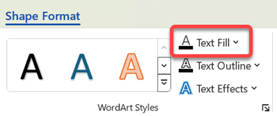 لتغيير لون WordArt، حدده، وفي علامة التبويب تنسيق الشكل، حدد تعبئة النص.