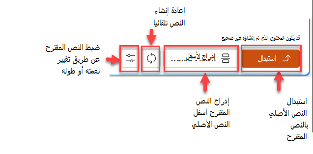 لقطة شاشة لجزء النص المقترح بأربعة أزرار: استبدال وإدراج أدناه وإعادة إنشاء وضبط.