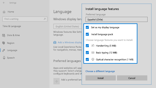 تثبيت ميزات اللغة في Windows 10
