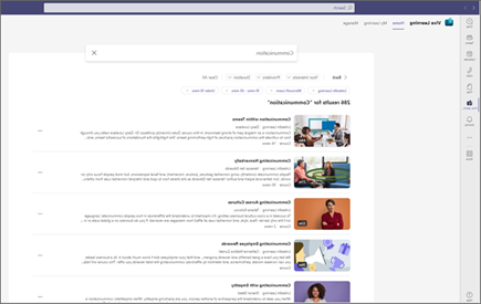 لقطة شاشة Viva Learning تسلط الضوء على عوامل التصفية في بحث المحتوى الذي يظهر أسفل شريط البحث.