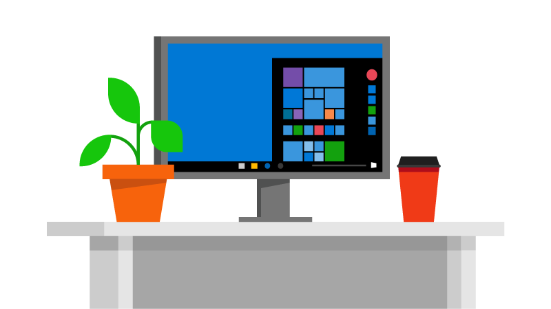 رسم توضيحي لجهاز كمبيوتر على مكتب مع قهوة ونبات