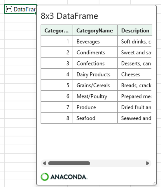 بطاقة Python مفتوحة في Excel DataFrame تعرض بيانات الفئة.