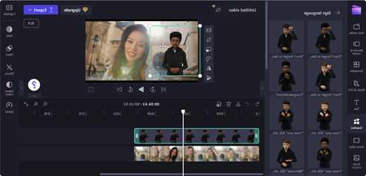 لقطة شاشة لصفحة محرر Clipchamp مع الأفاتار على الجانب الأيسر من المرحلة عبر الفيديو.