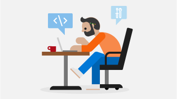 رسم توضيحي لرجل يجلس على مكتب مع كمبيوتر محمول مفتوح