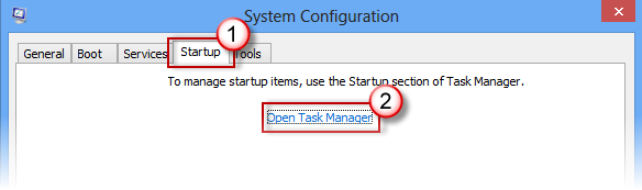 تكوين النظام - علامة تبويب بدء التشغيل - الزر "فتح إدارة المهام"
