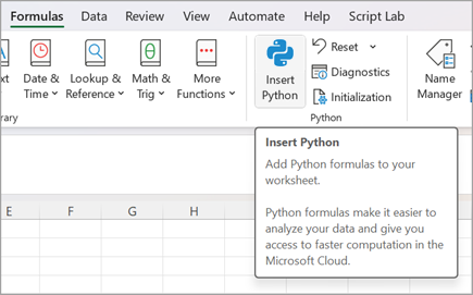 انتقل إلى الصيغ ثم حدد إدراج Python.