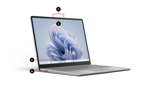 يوضح مكان العثور على الميزات على Surface Laptop Go 3.