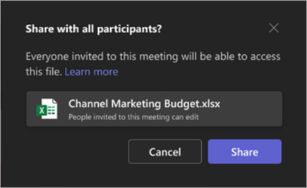 لقطة شاشة للنافذة المنبثقة للإذن عند تحديد ملف لمشاركته في Excel Live أثناء اجتماع Teams.