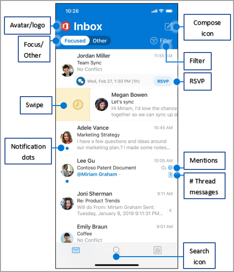 شاشة Outlook لنظام التشغيل iOS