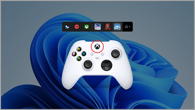 وحدة تحكم Xbox مع وضع زر Nexus في دائرة، تظهر أعلى سطح مكتب Windows 11 مع فتح شريط وحدة التحكم
