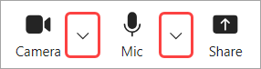 صورة تبرز أسهم القائمة المنسدلة الكاميرا والميكروفون في عناصر تحكم اجتماع Teams.