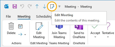 شريط أدوات الوصول السريع إلى الزر "تحرير الاجتماع" في Outlook