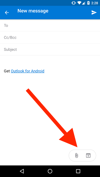 أيقونة مشبك الورق في Outlook for Android لإرفاق ملف