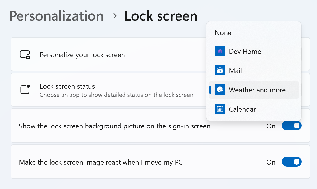 إعدادات الحالة التفصيلية لشاشة تأمين Windows 11