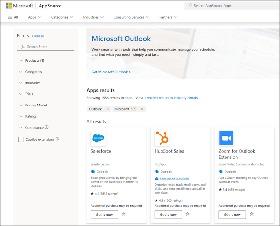 وظائف Microsoft Outlook الإضافية في AppSource
