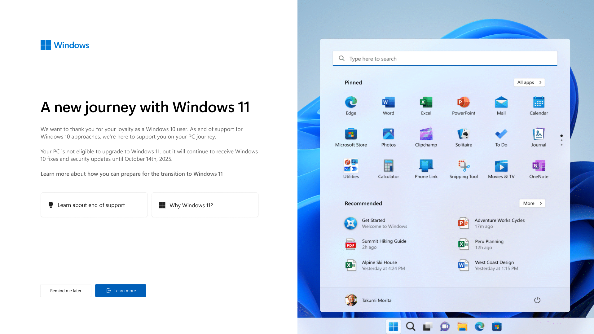 لقطة شاشة لإشعار معرفة المزيد Windows 10 انتهاء الدعم.
