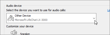 لقطة شاشة تعرض القائمة المنسدلة لجهاز الصوت في مربع الحوار إعدادات جهاز الصوت.