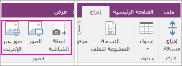 لقطة شاشة للزر "إدراج صور" في OneNote 2016.