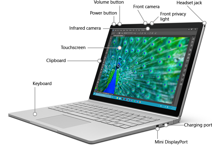 الميزات المتاحة في الجزء الأمامي لجهاز Surface Book
