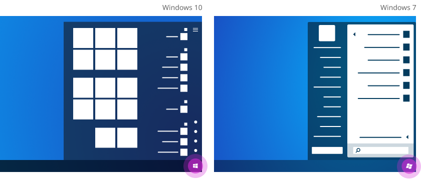 مقارنة لزر البدء على Windows 7 Windows 10.
