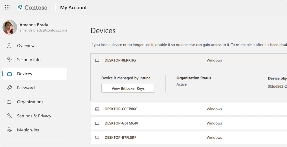 لقطة شاشة لمفاتيح استرداد BitLocker لحساب العمل أو المؤسسة التعليمية.