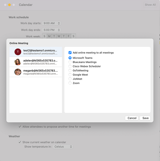 Outlook على Mac - حدد موفر الاجتماعات الافتراضي عبر الإنترنت