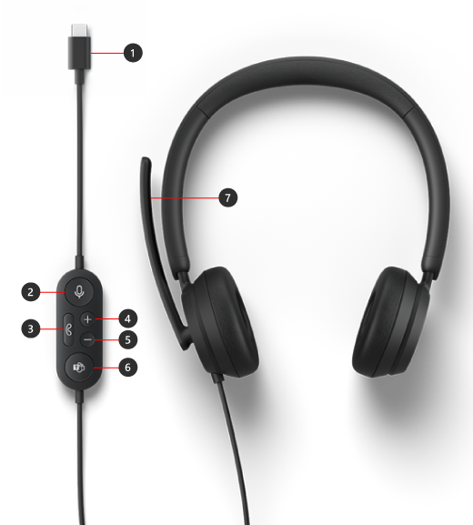 الأزرار الموجودة على سماعة الرأس بمنفذ USB-C الحديثة من Microsoft