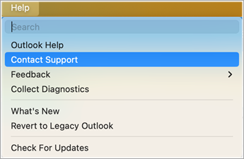 الاتصال بالدعم ضمن لقطة شاشة Outlook شاشة واحدة
