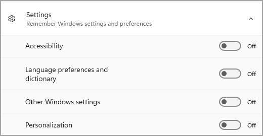 قسم الإعدادات في نسخ احتياطي لـ Windows.