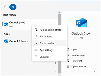 لقطة شاشة تعرض Outlook في قائمة البدء مع تثبيت على شريط المهام