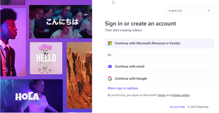 صفحة تسجيل الدخول / التسجيل في Microsoft Clipchamp مع خيارات لتسجيل الدخول باستخدام microsoft أو google أو البريد الإلكتروني أو المزيد من خيارات تسجيل الدخول.