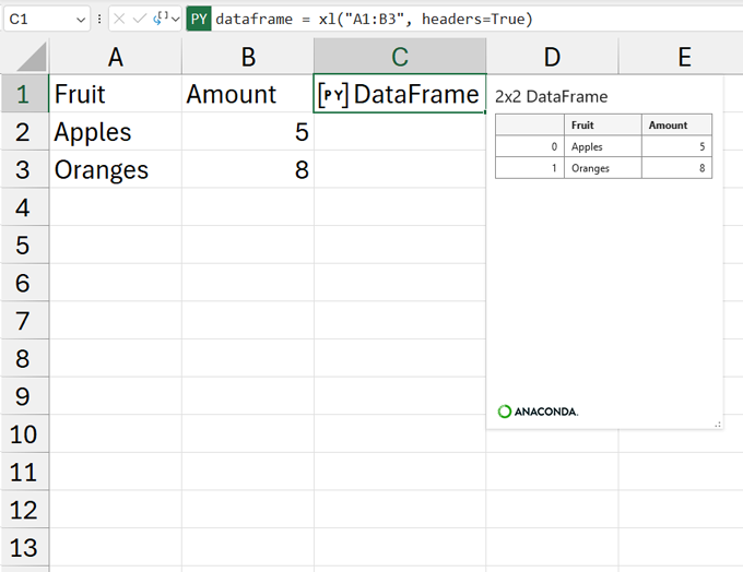 بطاقة DataFrame مفتوحة.