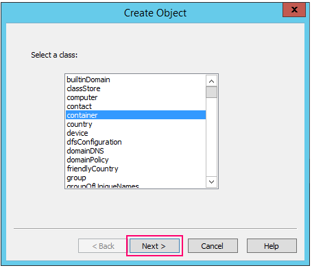 Screenshot that shows selecting a class in the Create Object window.