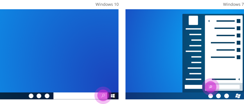 مقارنة لمربع البحث في Windows 7 Windows 10.