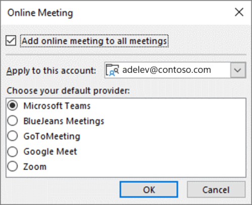 Outlook على Windows - حدد موفر الاجتماعات الافتراضي عبر الإنترنت