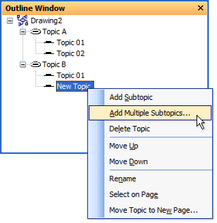إضافة مواضيع فرعية متعددة باستخدام نافذة المخطط التفصيلي