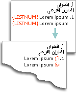 حقول listnum مستخدَمة لإدراج أحرف على السطور نفسها التي تتضمن الأرقام