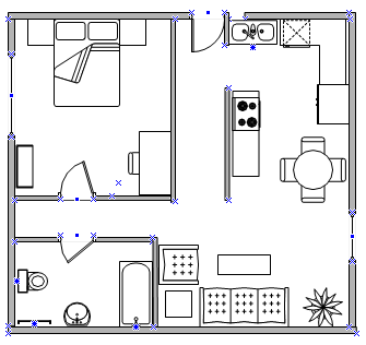 "مخطط المنزل يُظهر غرفة المعيشة وغرفة النوم والحمام والمطبخ"