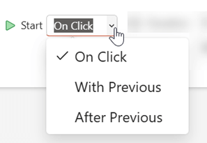 يحتوي خيار البدء على ثلاثة خيارات: عند النقر أو مع السابق أو بعد السابق.