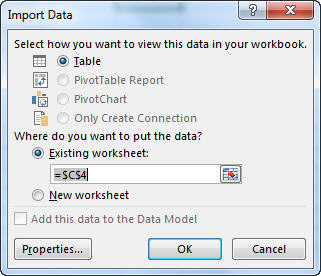 مربع الحوار "استيراد البيانات" في Excel