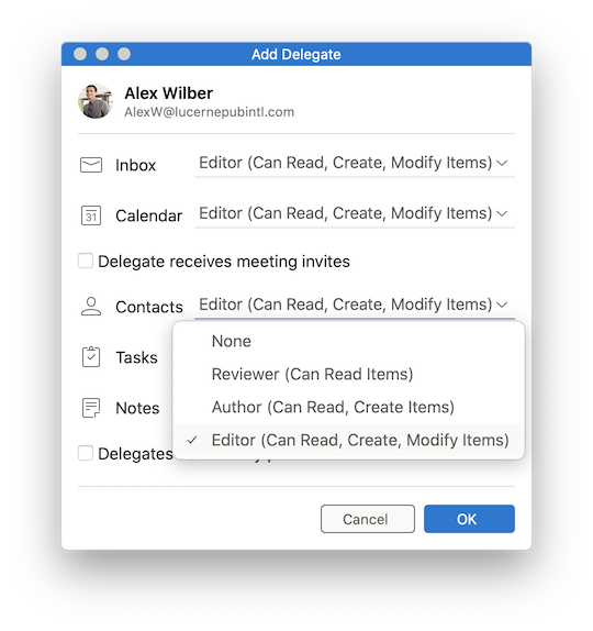تفويض Outlook for Mac