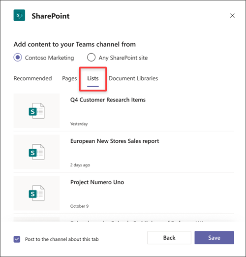 أضف SharePoint ك علامة تبويب في Teams.