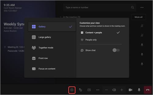 لقطة شاشة توضح كيفية تغيير طريقة العرض على Android في غرف Microsoft Teams