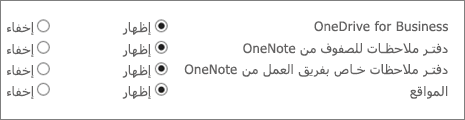 قائمة تضم OneDrive for Business ودفتر الملاحظات للصفوف من OneNote ودفتر ملاحظات فريق العمل في OneNote والمواقع مع أزرار لإظهارها أو إخفائها.