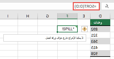 أخطاء #SPILL! ظهور رسالة الخطا حيث يتم توسيع = SORT (D:D) في الخلية F2 خارج حواف المصنف. نقلها إلى الخلية F1 ، ستعمل بشكل صحيح.