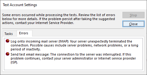 لقطة شاشة لعلامة التبويب "أخطاء" ضمن نافذة "إعدادات الحساب التجريبي" - IMAP
